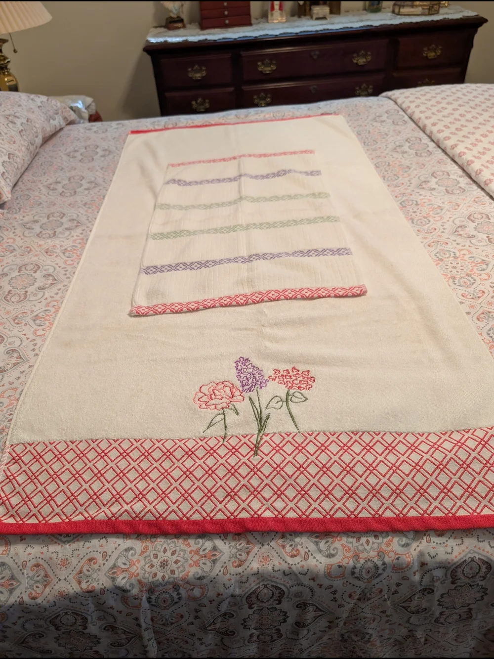 Embroidered Floral Stripe Bath Towel Set - Cream with Pink, Purple & Green